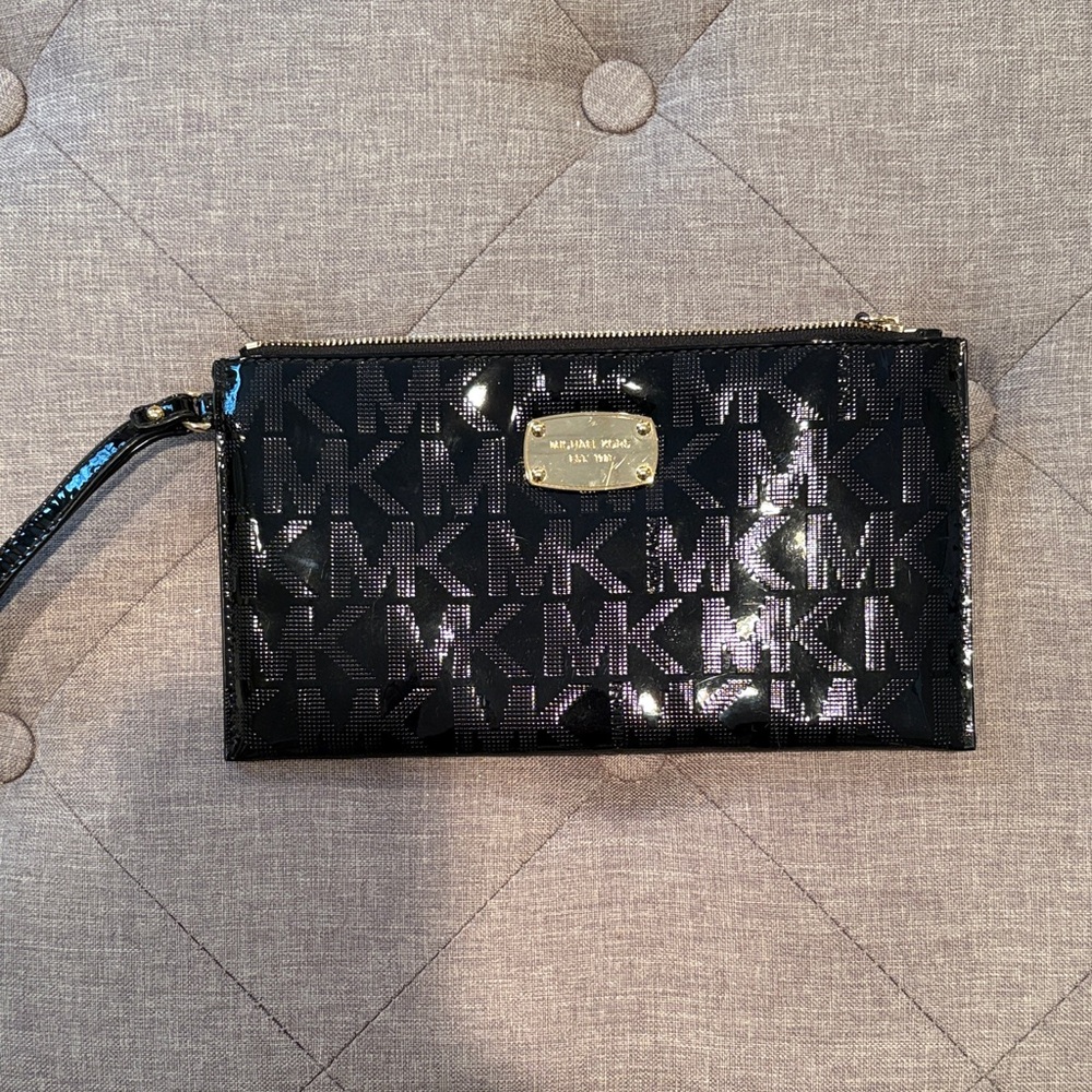 Michael Kors Black Patent MK Logo Wristlet Clutch with Gold Plaque